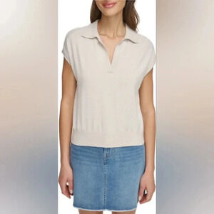 DKNY Women's Modern‎ Fit Sleeveless Collared V-Neck Sweater Cream XXL NWT